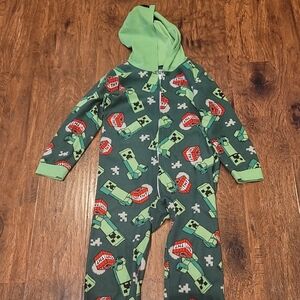 Green Minecraft Kids One Piece w/ Fun Creeper & TNT Print With Hood, Size Small